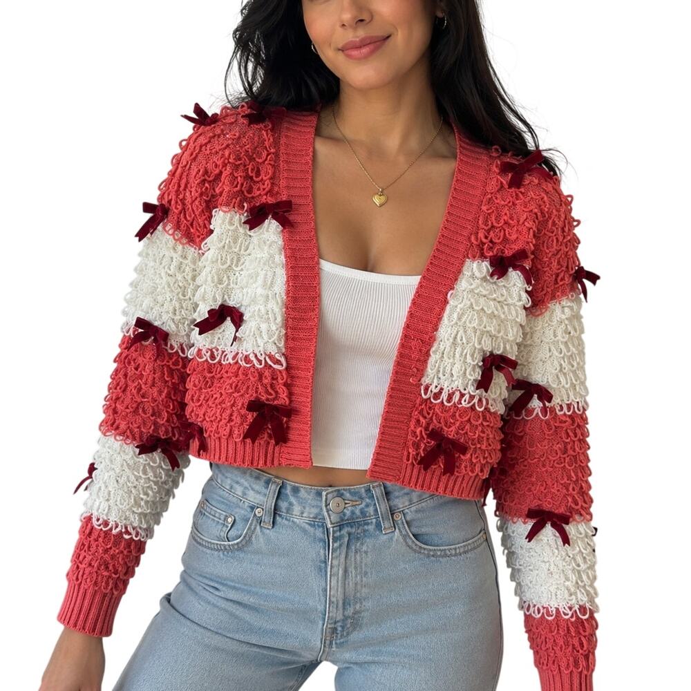 Mighty Fine Red White Bow Cardigan Coquette Christmas Holiday Sweater XS